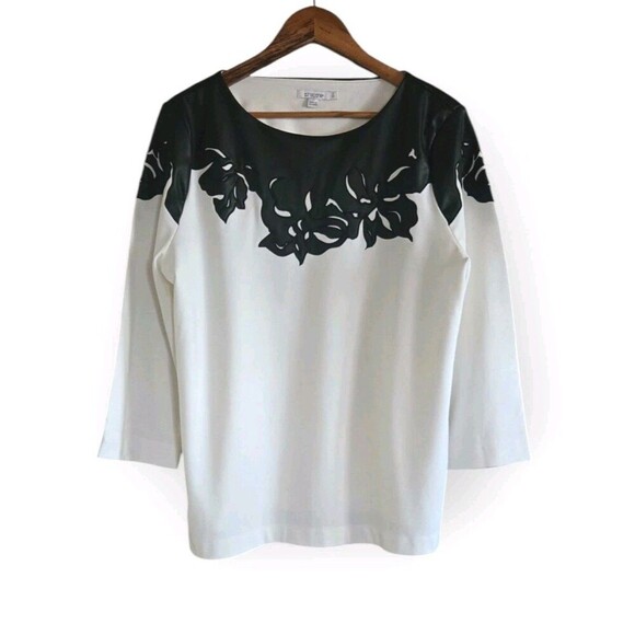 Chico’s Faux Leather Trim Ponte Top Women's 2 Large White 3/4 Sleeve - Picture 1 of 7